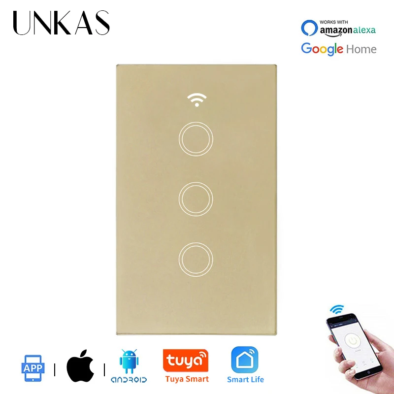 Умный настенный сенсорный выключатель UNKAS с управлением через приложение Tuya и Wi Fi