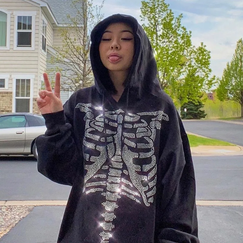 

Streetwear Sternum Rhinestone Hooded Hoodies Women Clothing Long Sleeve Hoodies Womens Harajuku Pattern Sweatshirt Woman Casual