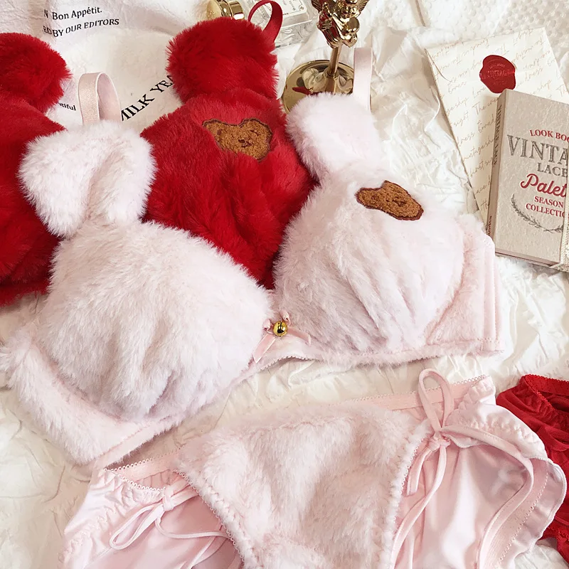 Ensemble soutien gorge et culotte en peluche pour femme, mignon, haut, ours, paradis, lingerie, petite poitrine, push up, sans anneau en acier, en dentelle, doux, lingerie  (0)