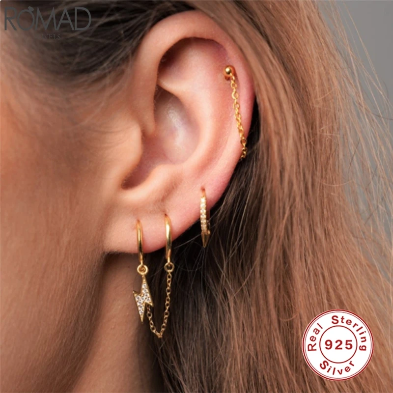

Romad 1pcs 925 Sterling Silver Hoop Earrings Korean Style Lightning Moon Star Chain Tassel Gold Earrings Fine Jewelry Aretes W4