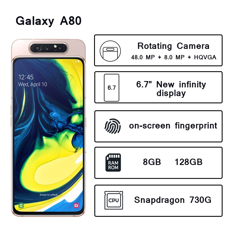 Фото1 - Сотовый телефон Samsung Galaxy A80 4G, Android мобильный телефон, 8 ГБ, 128 ГБ, 6,7 дюйма, Восьмиядерный процессор Snapdragon 730G, выдвижная камера 48 МП и 8 Мп, 3700 мАч