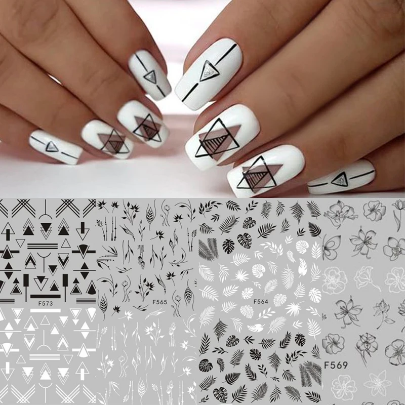 1 лист черно-белый стикеры 3D на ногти Nail Art Стикер цветок дерево зелёный простой