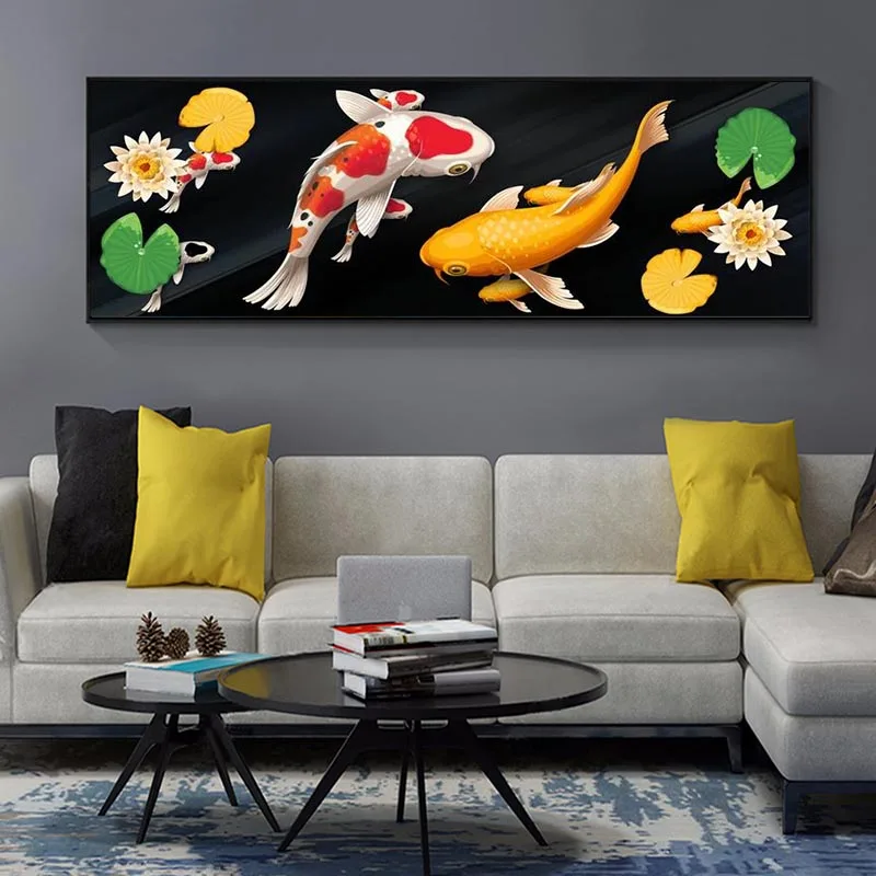 Постер на удачу с китайскими золотыми рыбками кои Декор для дома рисунок лотоса