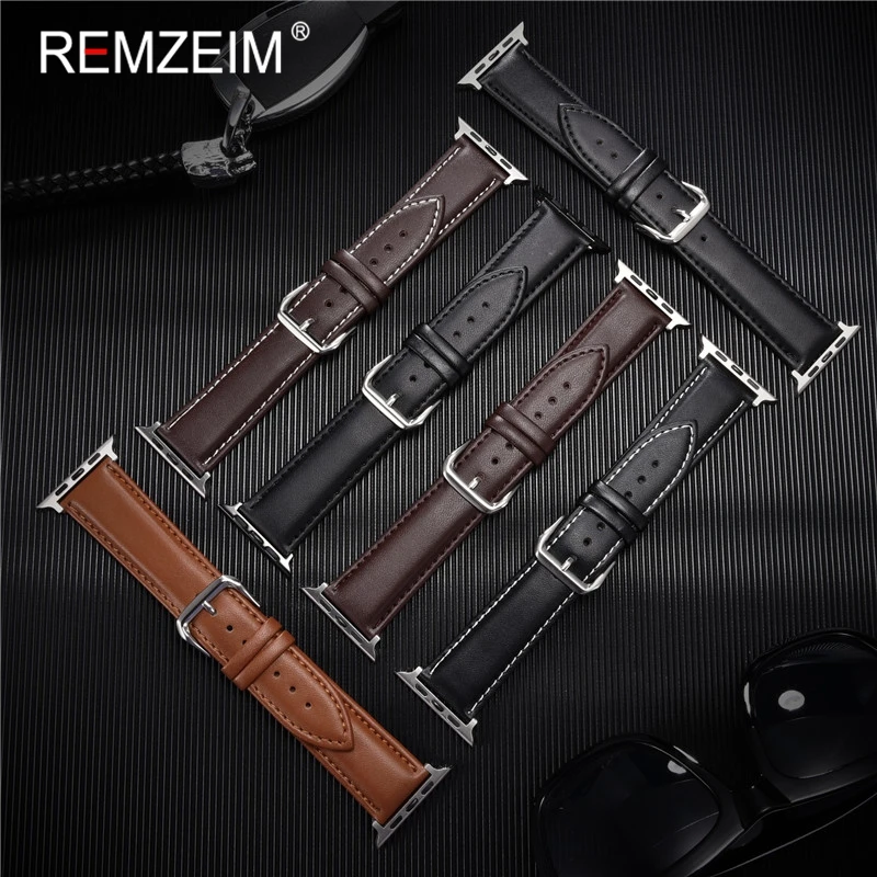 REMZEIM Cowhide Leather Strap for Apple Watch Band 44mm 40mm iwatch 7 6 5 4 3 2 1 Wristband 42mm 38mm bracelet Watch Accessories