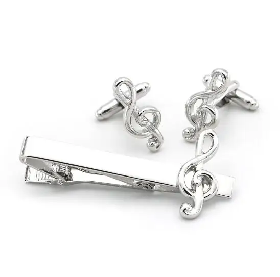 

10sets/lot Copper Music Note Cufflinks Tie Clip Set Silver Plating Musical Note Cuff Links&Tie Pin Bar Set Men's Jewelry