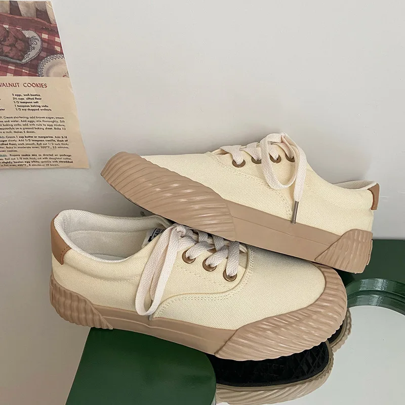 New Comfortable Ladies Casual Shoes Canvas Shoes Wavy Line Retro White Shoes Low Top Milk Brown Women's Sneakers 24-35