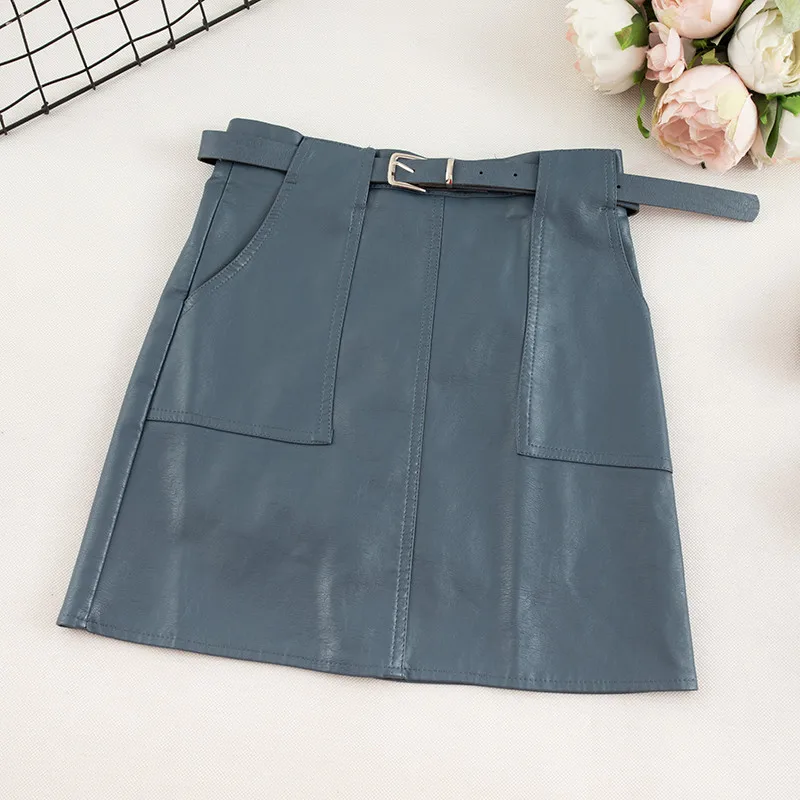 Blue Skirt Винтажные юбки из искусственной кожи с высокой талией, осенне-зимняя женская мини-юбка из искусственной кожи, одноцветная женская короткая юбка с карманами и поясом - Цвет: Blue Skirt