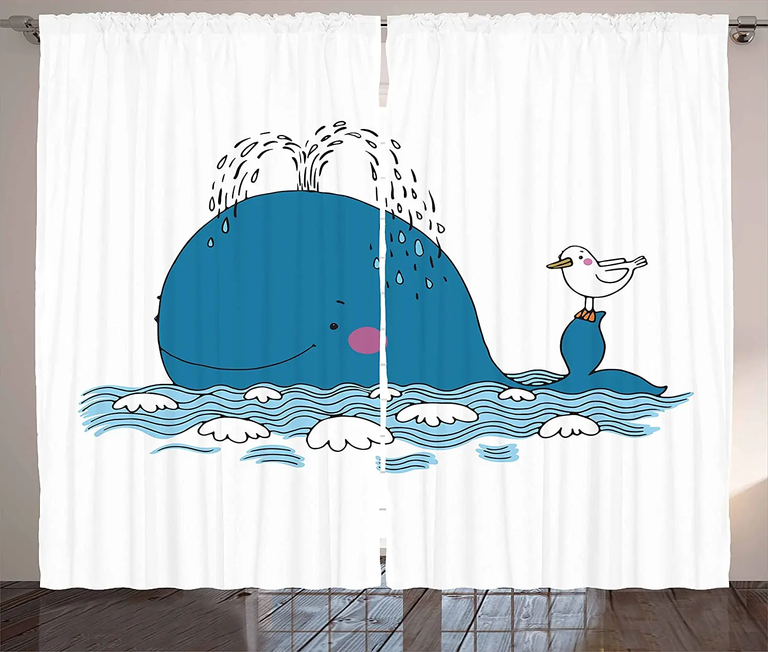

Whale Blackout Curtains Sea Mammal Caricature Swimming in The Ocean and Splashing Water with Seagull Window Curtain