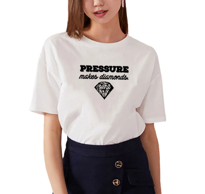 

Pressure Makes Diamonds Printed Short Sleeve Cotton T Shirt Women O-neck Black White Loose Tee Shirt Femme Casual T-shirt Women