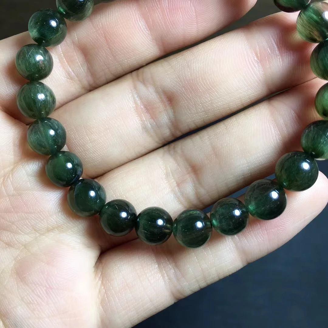 

Genuine Natural Green Rutilated Quartz Cat Eye Bracelet 8.1mm From Brazil Women Men Stretch Crystal Round Beads AAAAAA
