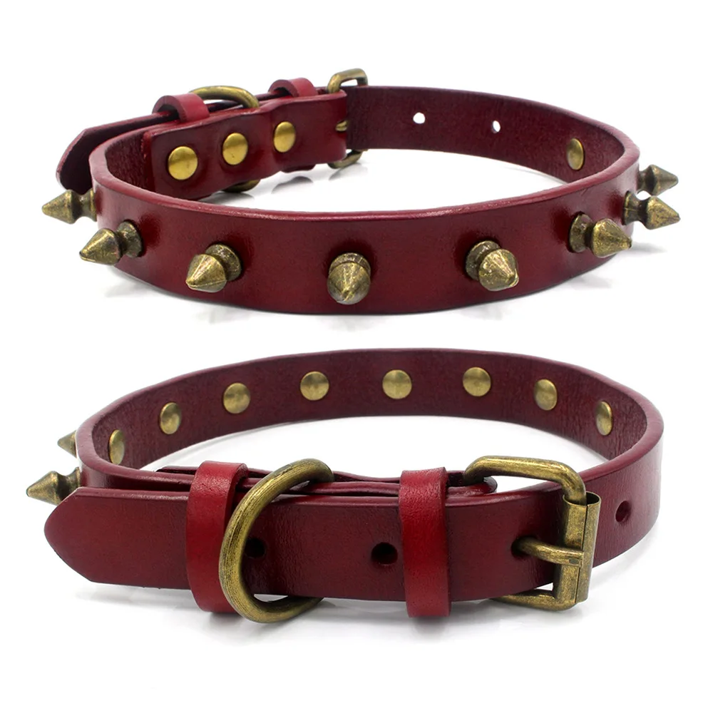 

Top Layer Leather Dog Collar Retro Adjustable Comfortable Pet Dogs Rivet Collar For Small Medium Dog Bronze Spiked Pet Necklace