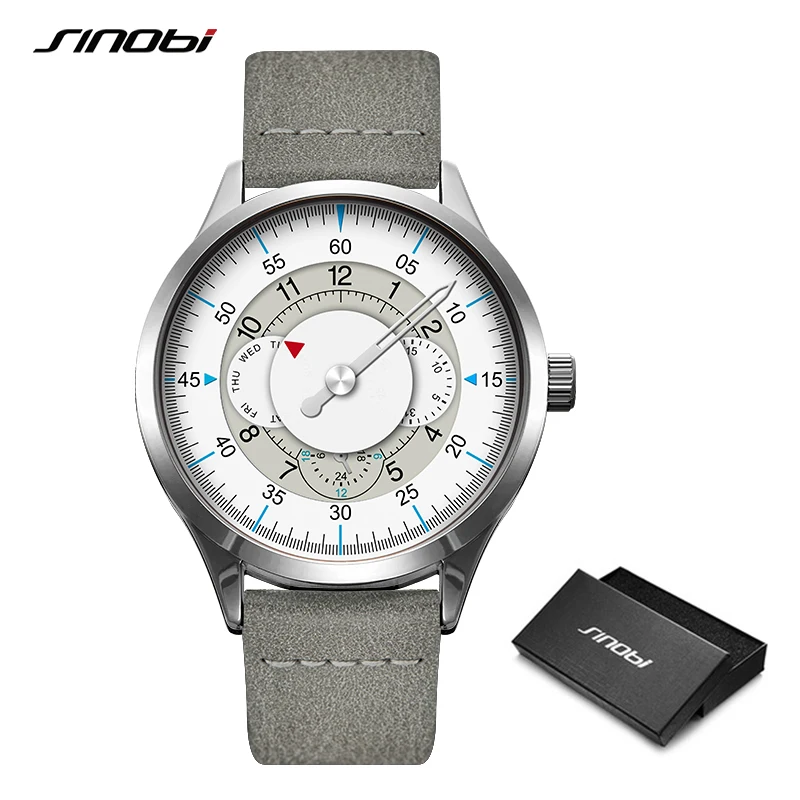 White Watch SINOBI Новое поступление мужские часы Креативный поворотный стол дизайн мужские часы кожаный ремешок кварцевые наручные часы Дата Неделя часы relogio 19 - Цвет: White Watch