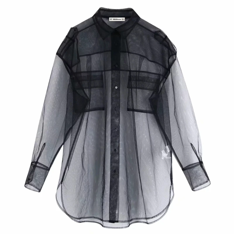 Женская прозрачная блузка с карманом черная Повседневная Блузка длинными