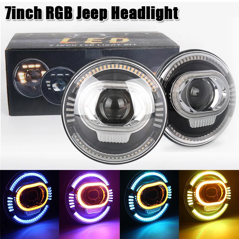 

7-дюймовые круглые светодиодные фары дальнего/ближнего света 50 Вт DRL RGB дневные ходовые огсветильник Bluetooth управление через приложение кольц...