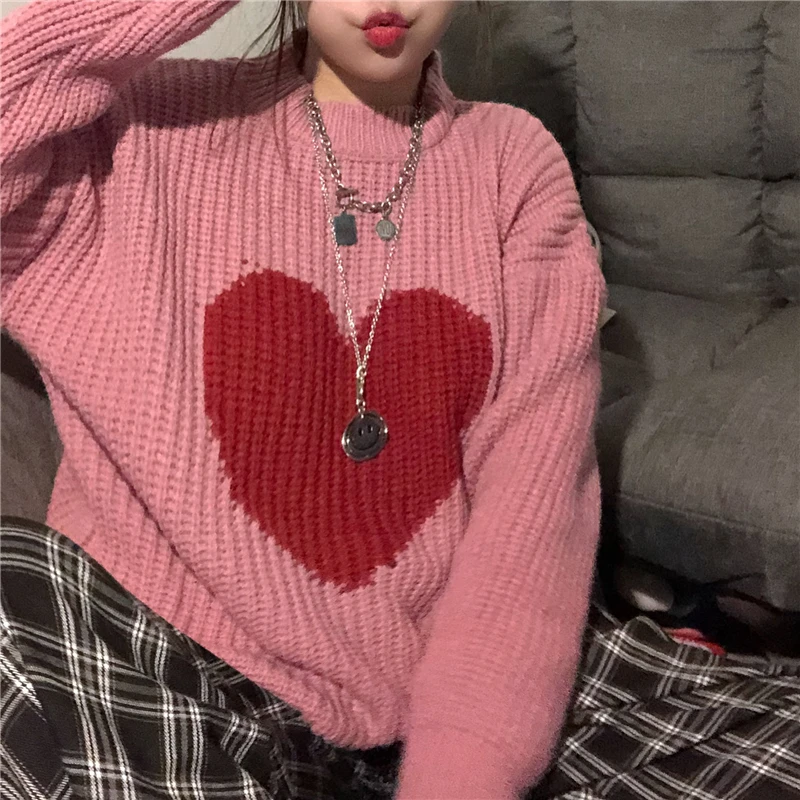 

SALEQI 2021 Winter New Sweet Heart Pattern Sweater Retro Harajuku Style Full Sleeve Pullover Loose Knit Casual Sweater