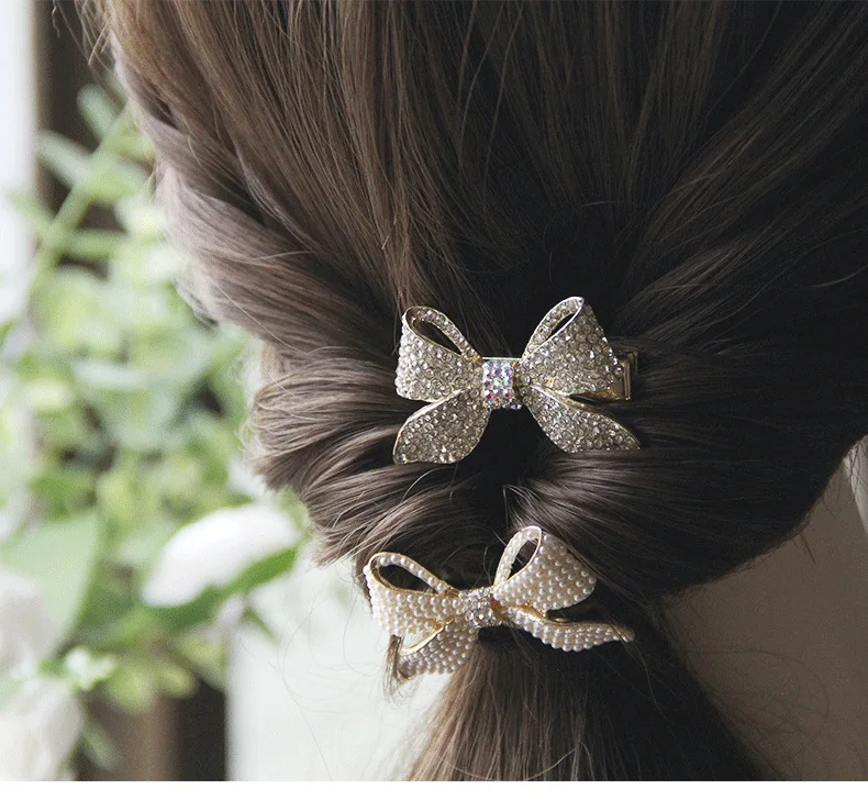 

New Adult Rhinestone Pearl Hair Clip Bowknot Crystal Hairpin Girl Temperament Top Clip Ponytail Hair Clips Headwear Accessories