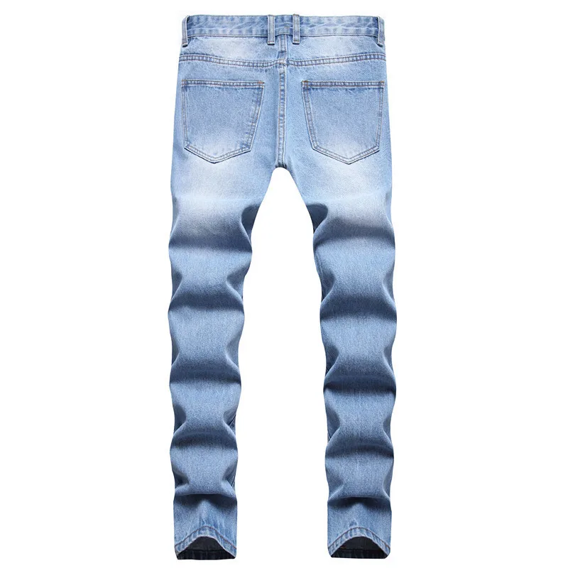 

2021 Men's Business Straight Mid-Waist Jeans Slim Fit Light Blue Denim Trousers
