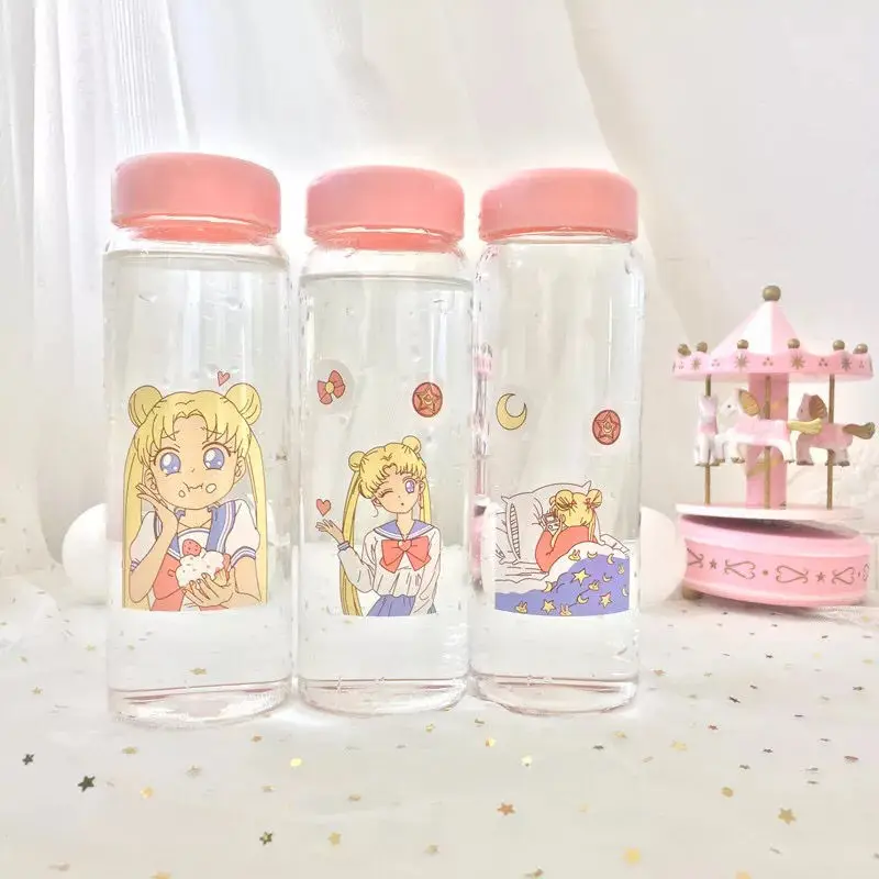 Стеклянная бутылка для воды с защитной сумкой Сейлор Мун 450 мл Мультяшные розовые
