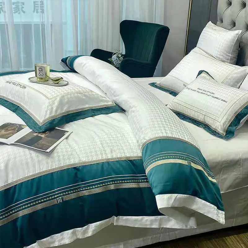 Juego de cama de algod&oacute;n de 4 piezas, S&aacute;bana de Jacquard satinada, funda de edred&oacute;n bordada sedosa, funda de almohada de lujo, ropa de cama moderna doble, Queen y King-3