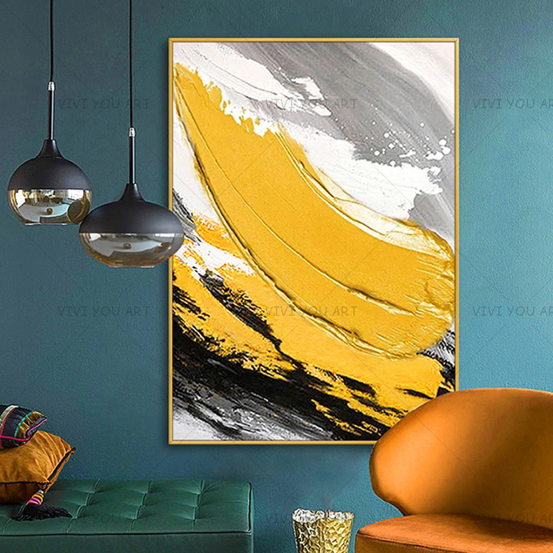 Best Art White Black Gray Yellow Abstract Oil Painting Canvas Handmade Home Decor Artwork | Дом и сад