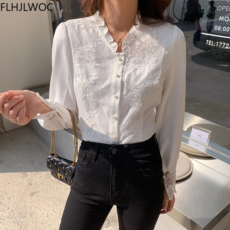

Korea Chic Top Blusas Femme Fashion Women Elegant Office Lady Blue Single Breasted White Button Shirts