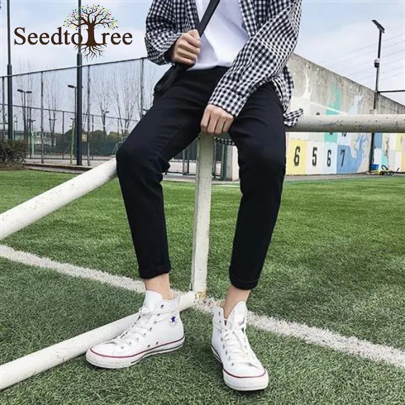 Solid Color Hole Casual Jeans Men's Slim Fit Ankle Length Denim Trousers