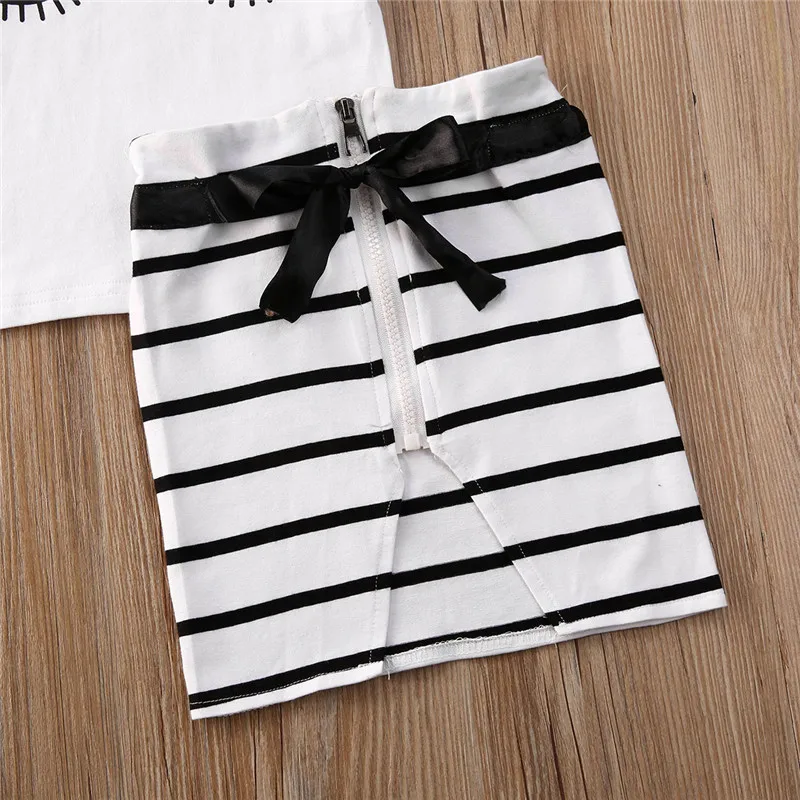 

2020 Brand Fashion Infant Baby Girls Clothes Sets Eyelash Short Sleeve T Shirts Tops+Striped Zipper Mini Skirts Headband 1-6Y