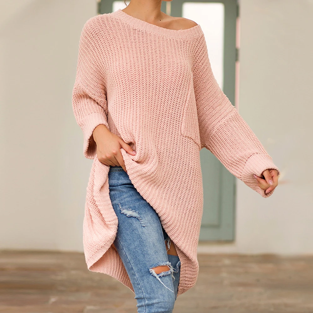 2019 Свободный Длинный свитер с рукавами летучая мышь для женщин однотонный