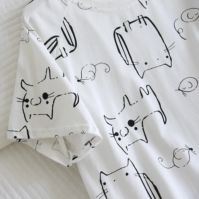 2021 New Cartoon Loose Pajamas Women Summer Knitting Pure Cotton Nightdress Cute Thin Nightdress Wear Medium Long Home Service