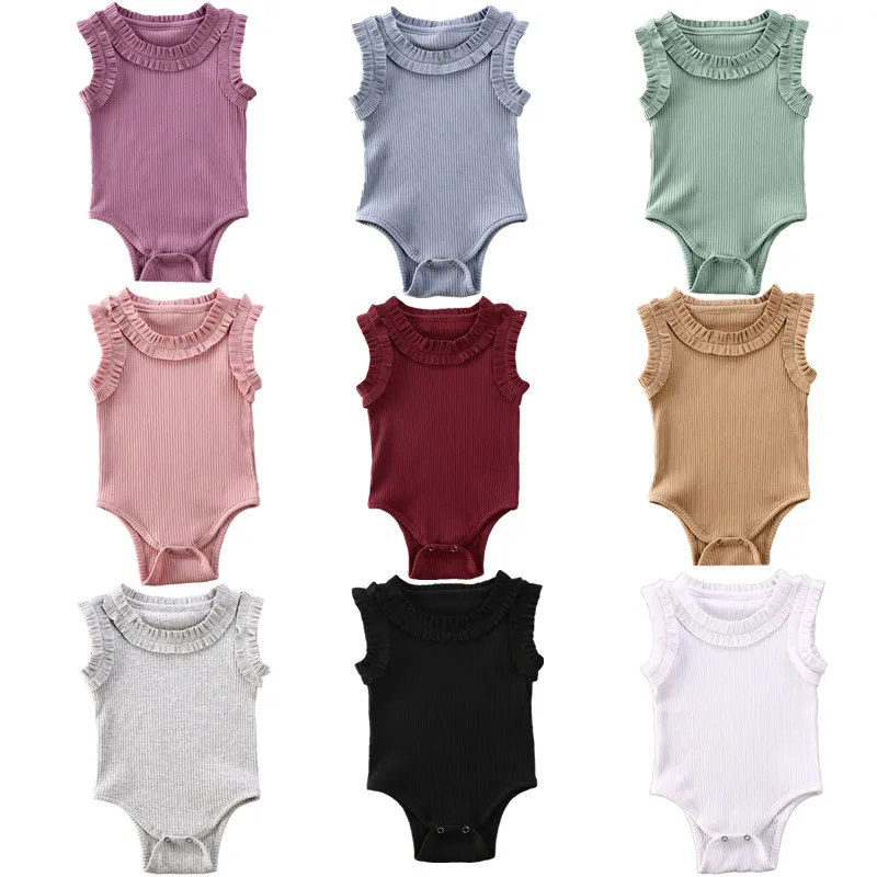 

NEW 2020 Summer Infant Newborn Baby Girls Clothing Ruffled Ribbed Solid Romper Bodysuits Sleeveless Cotton Onepiece Sunsuit
