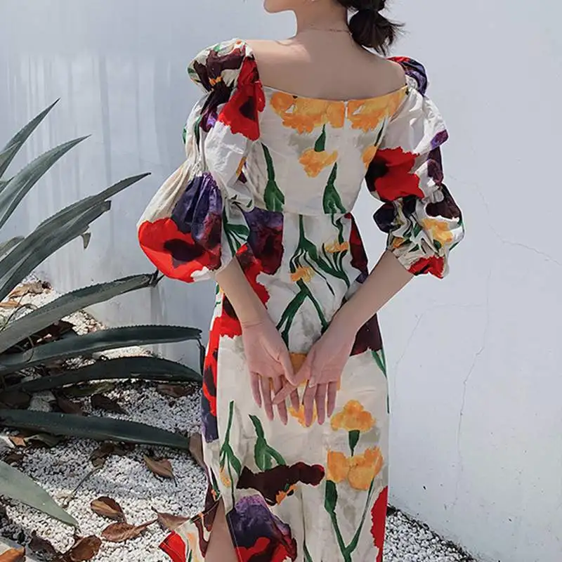

Women Bohemian Flower Print Sexy Square Collar Casual Puff Sleeve Long Dress