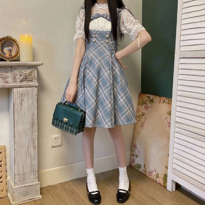 

Japanese Sweet Fake Two Piece Dresses Cute Lace Bow Kawaii Ruffles Plaid Short Sleeve Dress Girls Elegant Vestido