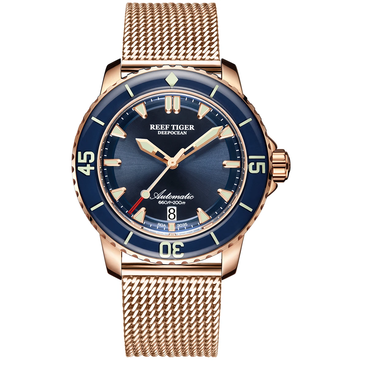 Мужские дизайнерские часы для дайвера Reef Tiger/RT роскошные из розового золота
