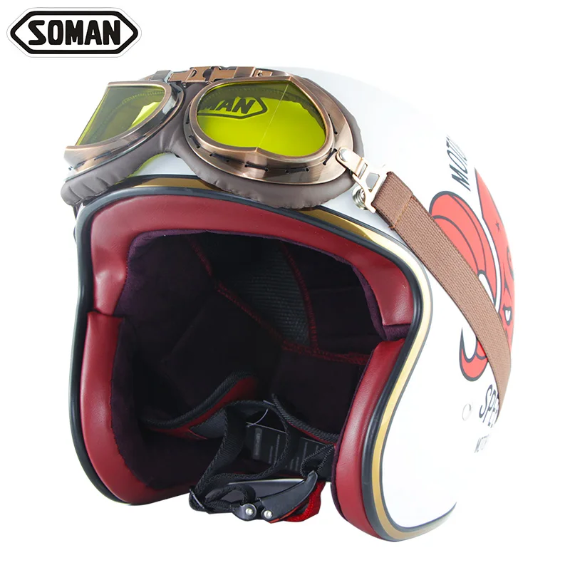 SOMAN Vintage Motorcycle Helmet with Goggles Retro Helm Open Face Motorbike Cascos de Moto  SM512