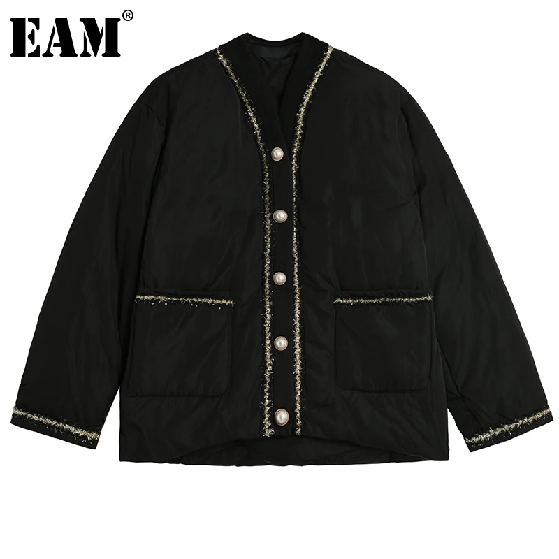 

[EAM] Loose Fit Black Lurex Big Size Warm Down Jacket New Long Sleeve Warm Women Parkas Fashion Tide Autumn Winter 2021 1DE50390