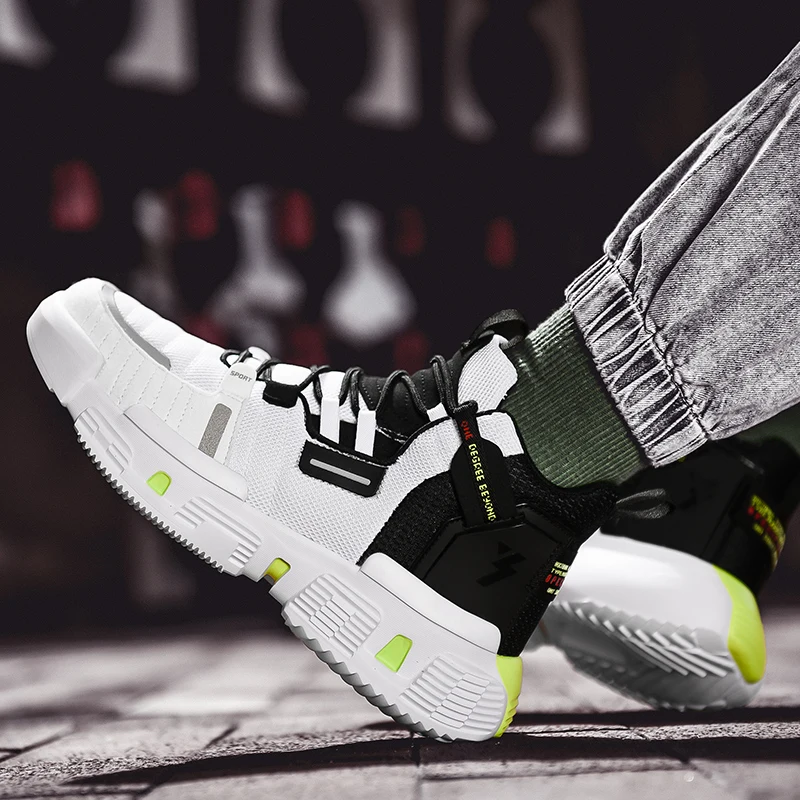 

2021 Spring Men's High Top Fashion Sneakers Round Toe Lace-Up Mesh Breathable Leisure shoes Light Platform Rubber Shoes