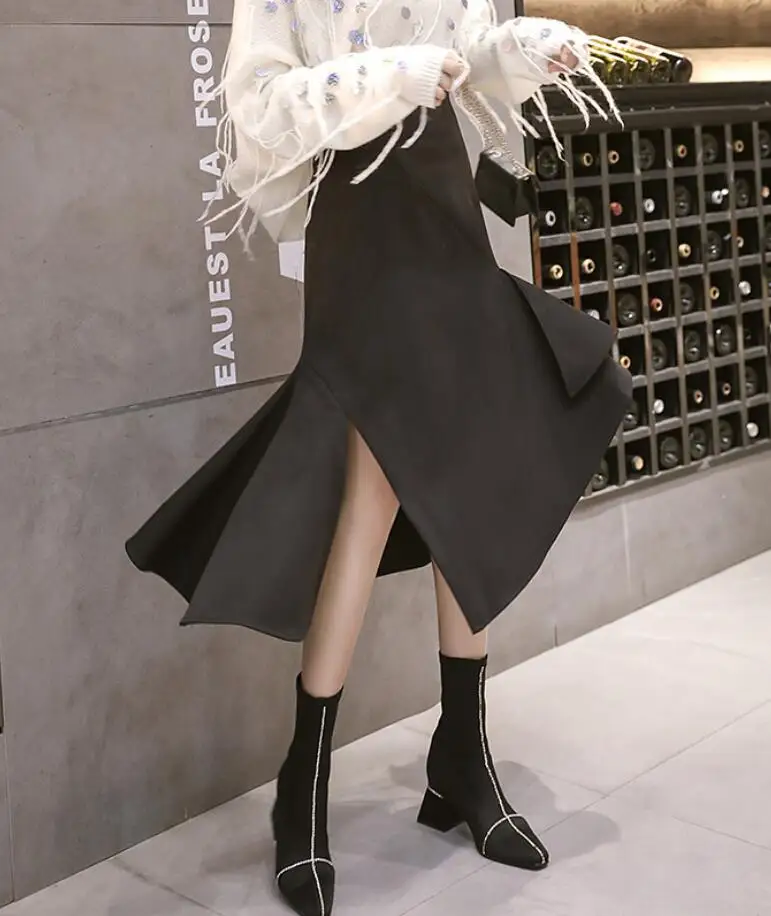 

Fashion Spring Autumn Women Irregular Ruffles Skirt Elegant High Waist Midi Skirt Negra Falda Office Work Mujer Black Saias q137