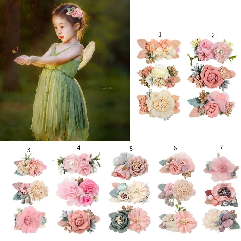 

3 Pieces Pink Flower Hair Clips Girls Floral Hair Pins Fully Lined Barrettes Vivid Flowers Embellished with Leaves