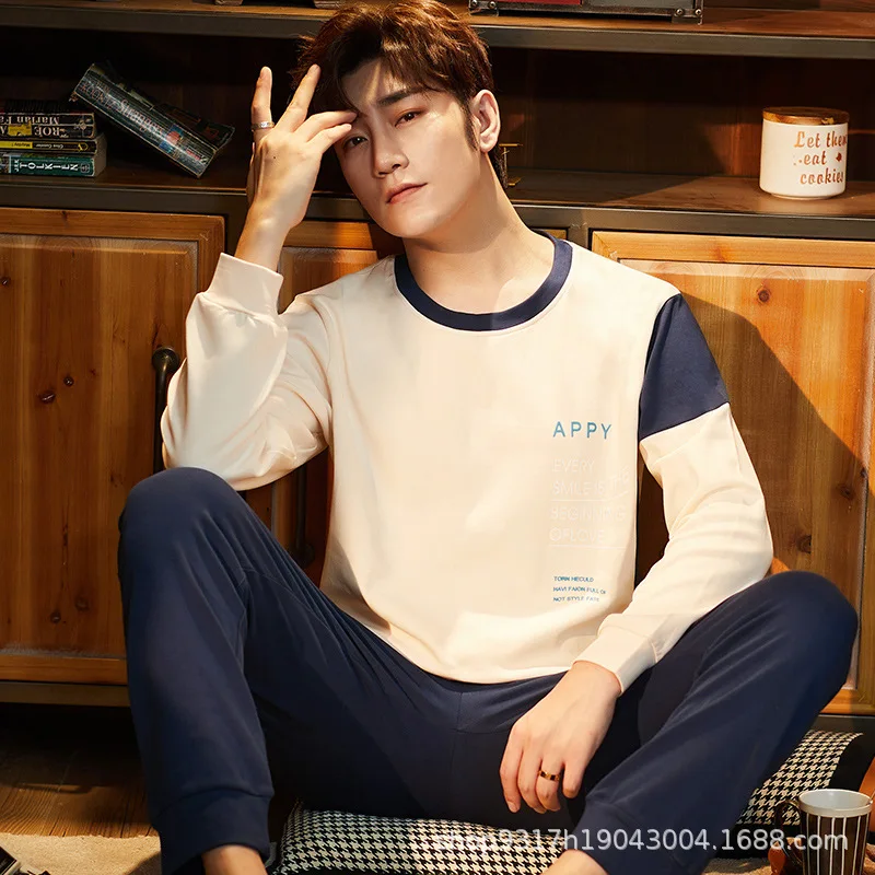 

Brand Men Casual Home Service Round Neck Pajamas Long-sleeved Pure cotton Suit Men Spring Autumn Hot Sale Big Size youth Pajamas