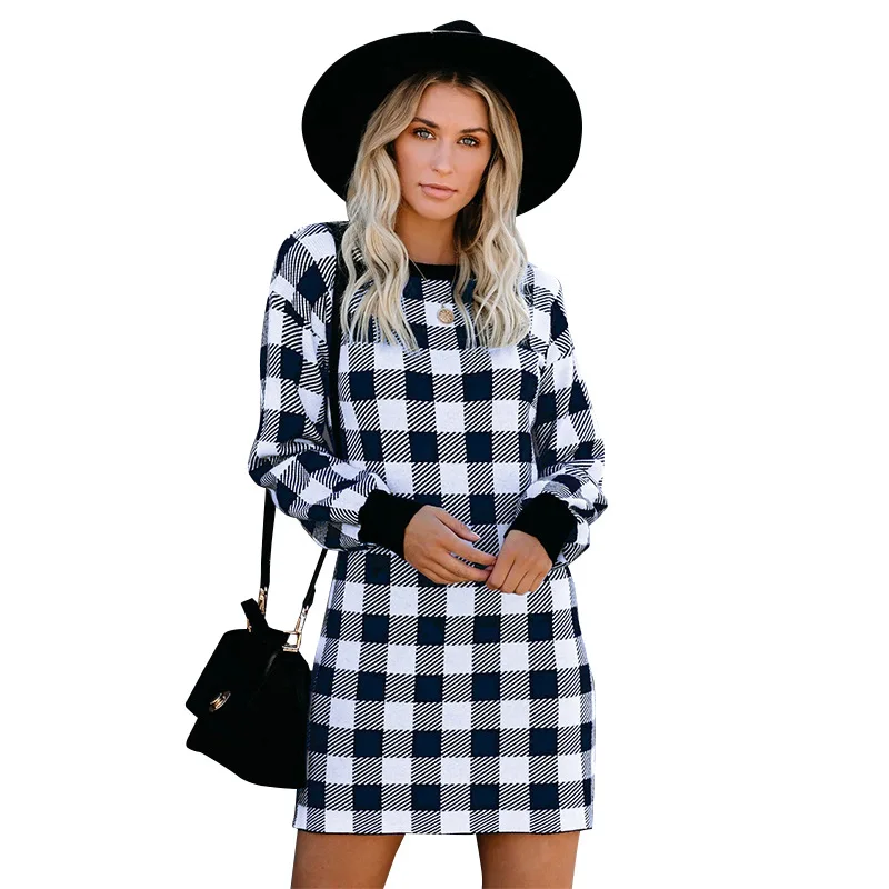 

Autumn Fashion Trend New Fashion Long Sleeve Round Neck Plaid Skirt Knit Dress Slim Women