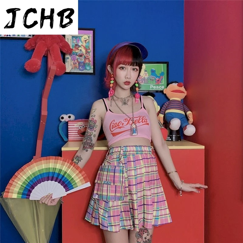 

2021 Plaid Printed Korean Style Skirts for Women Ins High Waist Pink Sweet Skirt Faldas Vintage Irregular Summer New Fashion