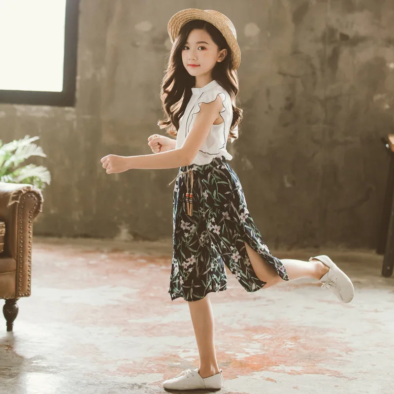 Новый летний комплект одежды для девочек модный топ + шифоновые штаны 2 предмета