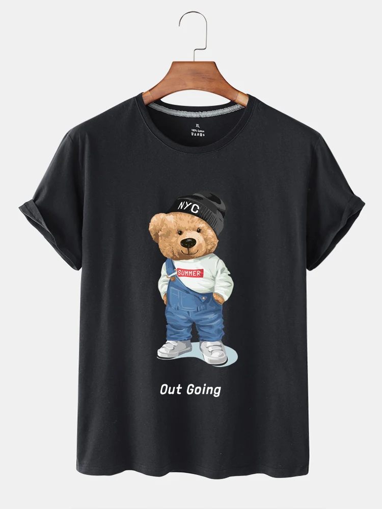 

100% Cotton Sling Denim Bear Print Short-sleeved T-shirt Women Summer Casual Short-sleeved Couple Oversized T-shirt Ladies Shirt