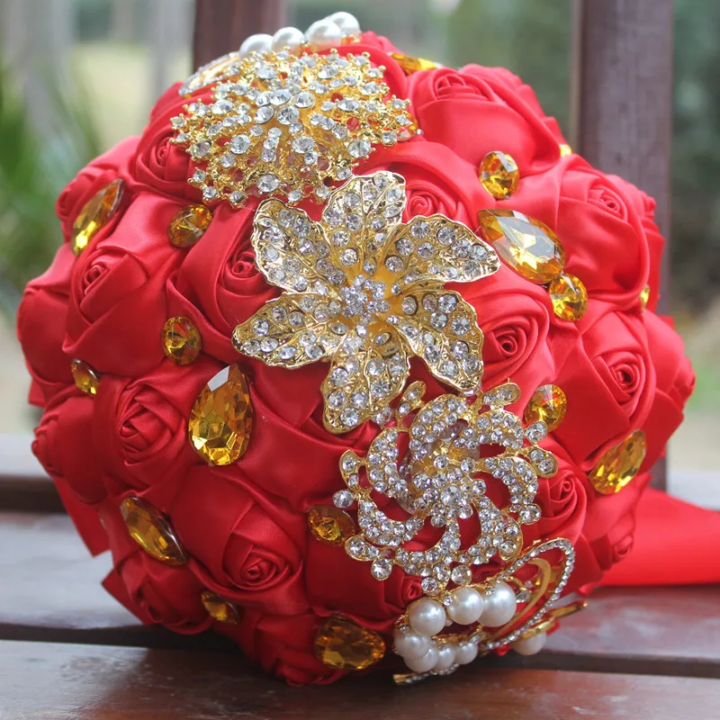 18cm red WifeLai-Золотая брошь для невесты, держащая букет цветов, белое золото, кристалл, чистый белый шелк, Свадебный букет невесты, W227-1 - Цвет: 18cm red
