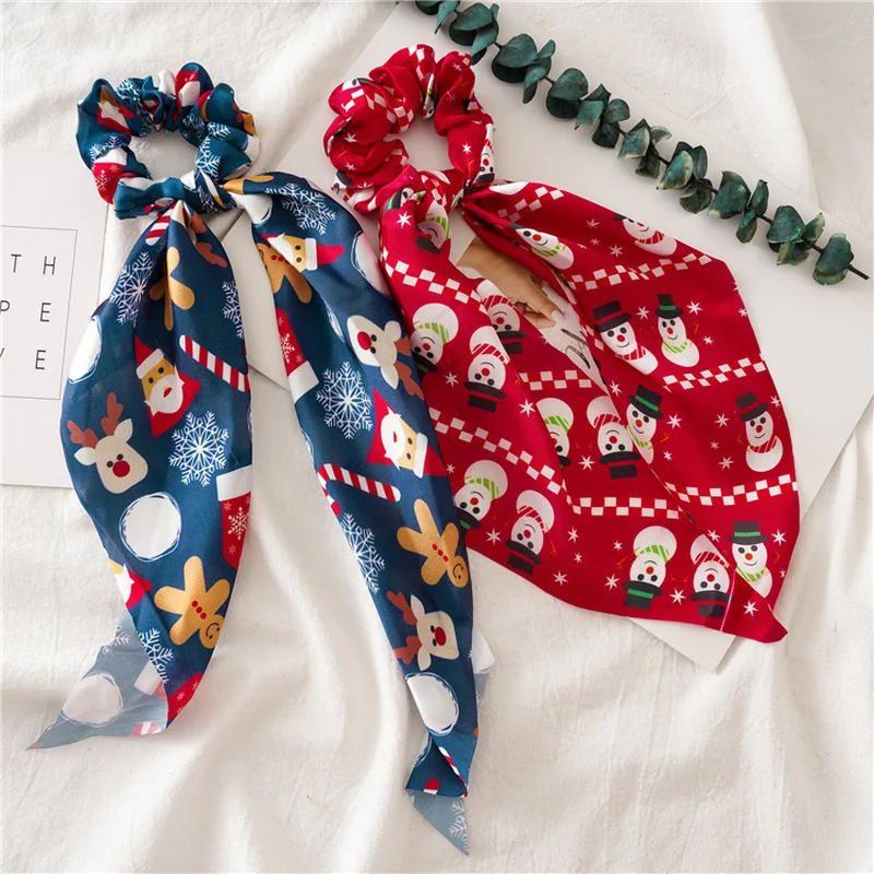 Модный Рождественский бант шарф волос Scrunchies принт резинка для эластичной лентой
