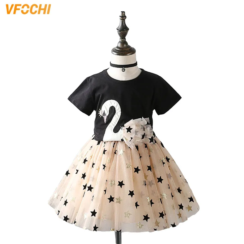 

VFOCHI, новинка 2021 года, комплекты одежды для девочек, летний комплект из футболки с лебедем и юбки, модная детская одежда с принтом звезд, комплект одежды из 2 предметов для девочек