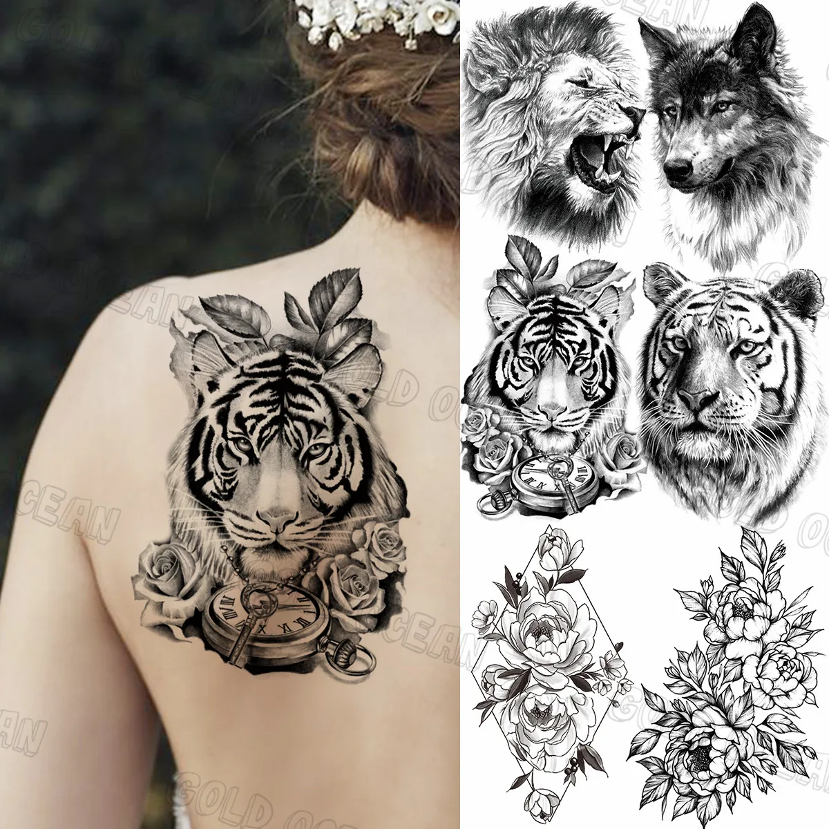 

Sexy Tiger компаса Временные татуировки для Для женщин мужчин реалистичный волк Лев с геометрическим принтом флоры поддельные наклейки-тату на ...