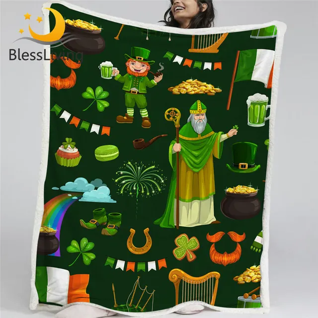 BlessLiving St. Patrick's Day Throw Blanket Leprechaun Soft Blanket Shamrocks Sherpa Fleece Blanket Golden Horseshoe Cobertor 1