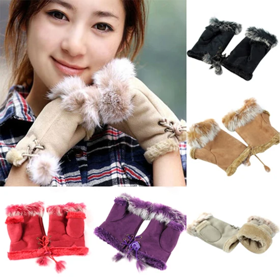 

Women's Winter Leather Gloves Faux Rabbit Fur Faux Leather Fingerless Mitten Wrist Gloves High Quality Half Finger Female Mitten