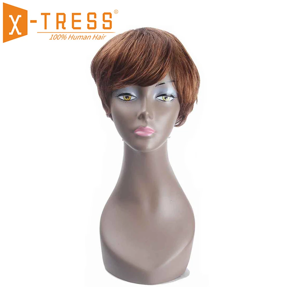 Короткие парики из человеческих волос с челкой боковая часть цвет коричневый